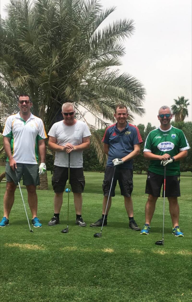 Owenie McBride (far right) on the weekly Friday golf outing in Riyadh with Pearse McCarten, Ivan Counihan, and Shane “Tiger” O’Donovan