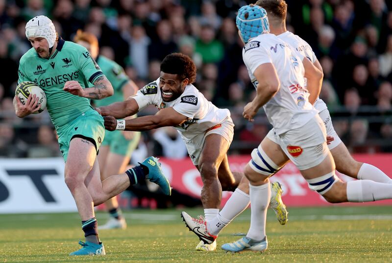 Connacht’s Mack Hansen and Wame Naituvi of Racing during their Challenge Cup quarter-final match at Dexcom Stadium, Galway, on April 12th. Photograph: James Crombie/Inpho