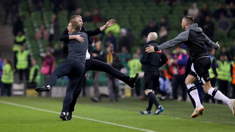 Stephen Kenny celebrates after the final whistle. Photo: Ryan Byrne/Inpho