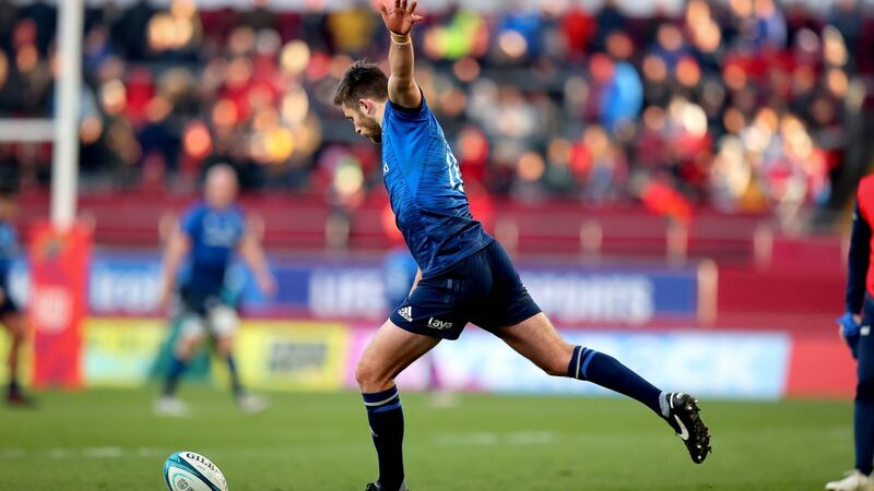 Ross Byrne kicks a penalty in the Munster v Leinster URC game at Thomond Park, Limerick on Saturday. Photograph: Ryan Byrne/Inpho