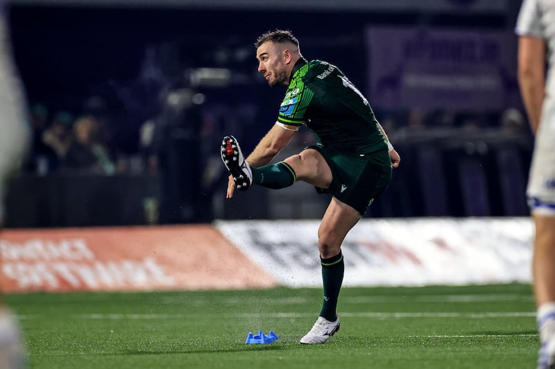 JJ Hanrahan kicking for Connacht during a United Rugby Championship match against Leinster at the Sportsground in 2023. Photograph: Billy Stickland/Inpho