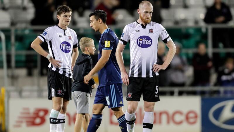 Dundalk’s Seán Gannon and Chris Shields dejected after the Europa League third qualifying round, second leg against Slovan Bratislava at Tallaght Stadium. Photograph: Laszlo Geczo/Inpho