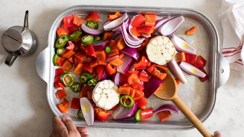 Chopped onion, red pepper, jalapeño and garlic are roasted for the salad