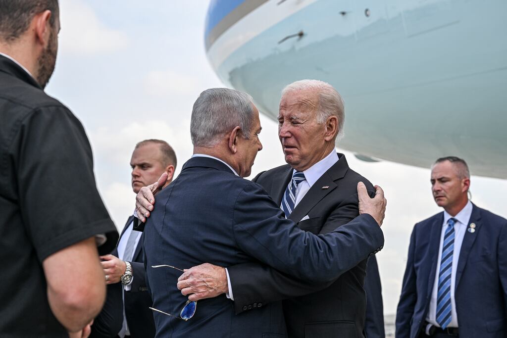 US president Joe Biden and Israeli prime minister Binyamin Netanyahu greet each other at Ben Gurion Airport in Tel Aviv on October 18th. Photograph: Kenny Holston/New York Times