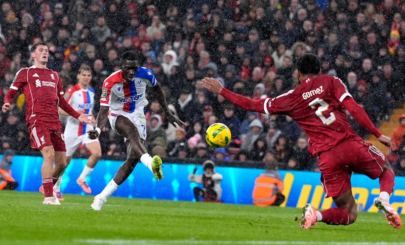 Crystal Palace's Ismaila Sarr scores their second goal at Anfield. Photograph: PA