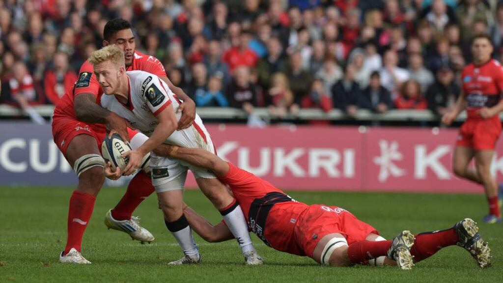 Stuart Olding of Ulster is tackled by Steffon Armitage (left) of Toulon in Belfast last weekend. Photograph: Charles McQuillan/Getty Images