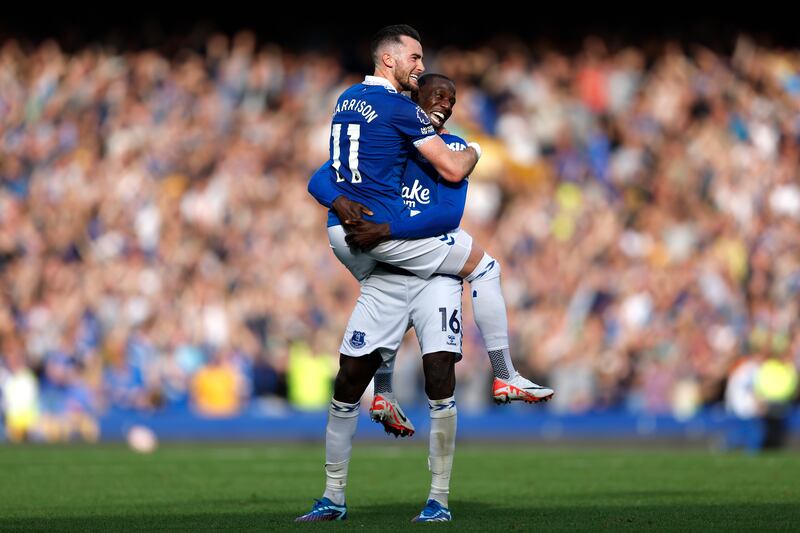Everton's Jack Harrison (left) celebrates scoring their side's second goal of the game. Photograph: Nigel French/PA Wire