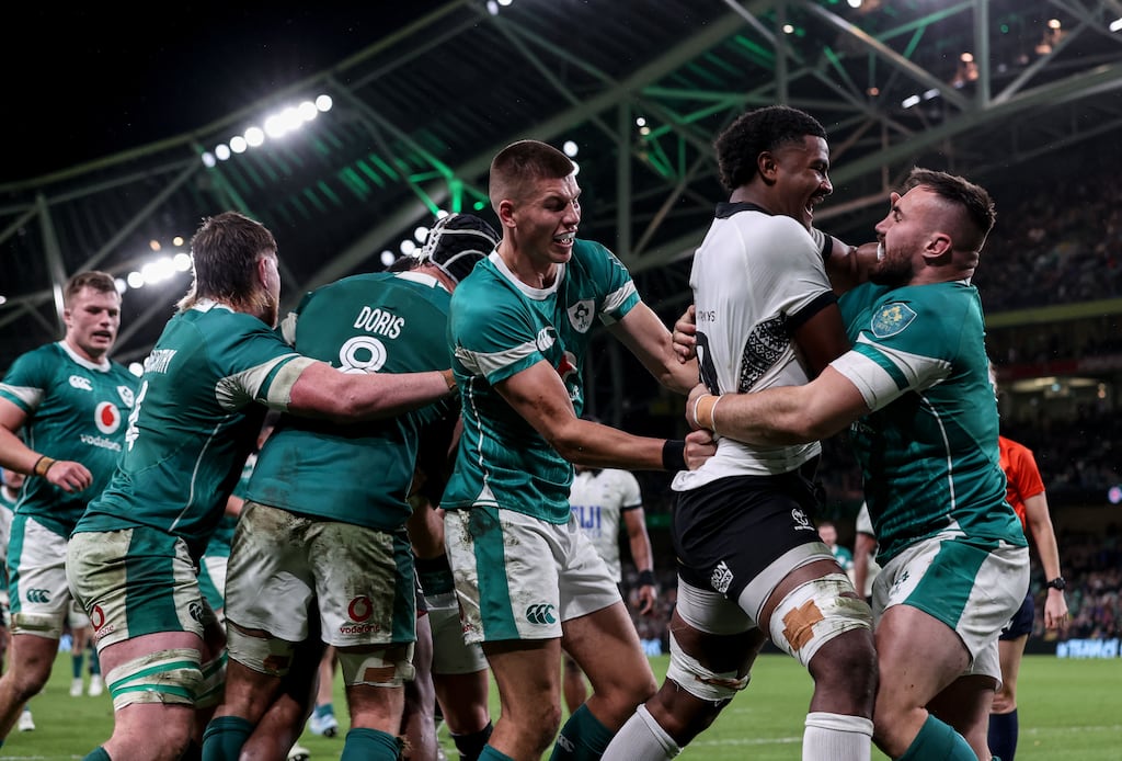Ireland's Rónan Kelleher clashes with Setareki Turagacoke of Fiji. Photograph: Dan Sheridan/Inpho