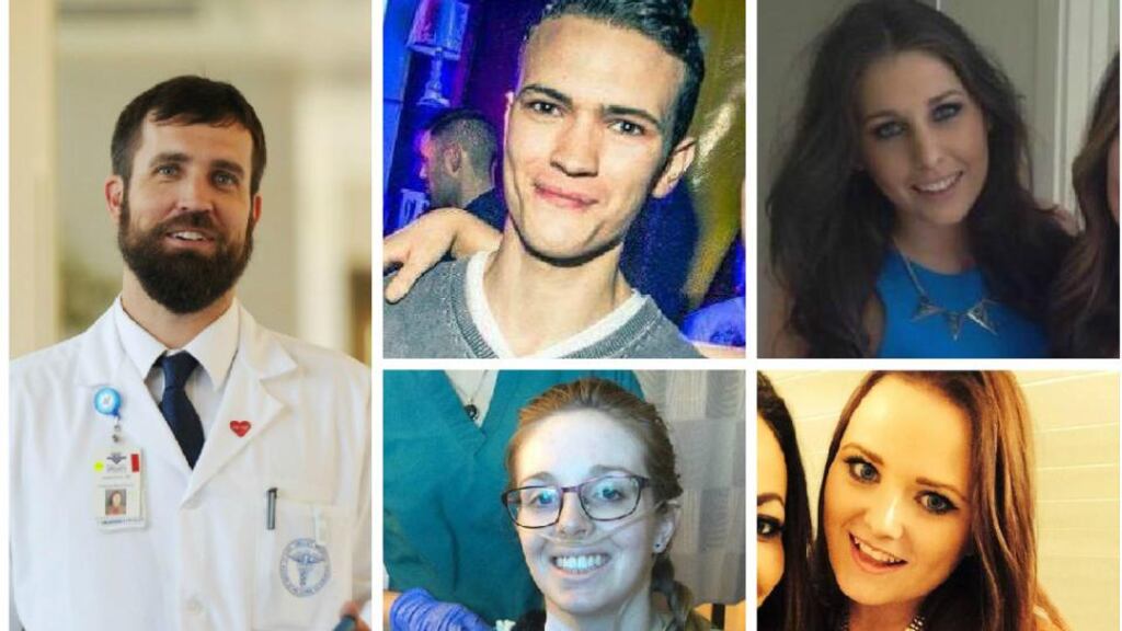 Clockwise: Dr James Crew, chairman of the Sanata Clara Valley Medical Centre and Berkeley survivors Niall Murray; Hannah Waters; Aoife Beary; and a recovering Clodagh Cogley