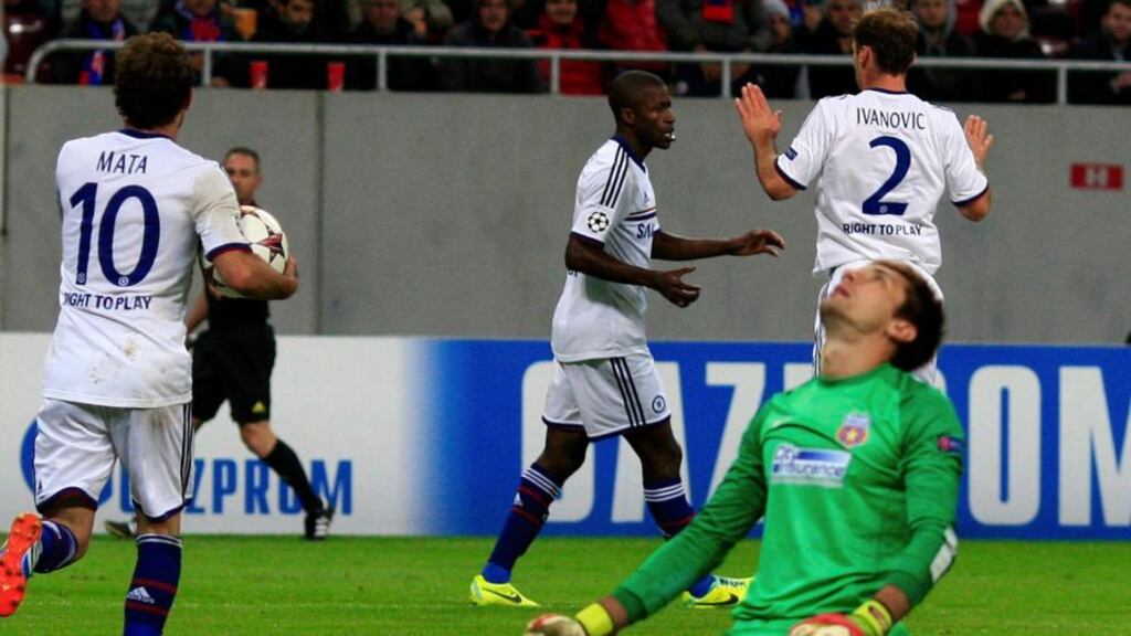 Chelsea’s Ramires celebrates with  team-mate Branislav Ivanovic after his opening strike.