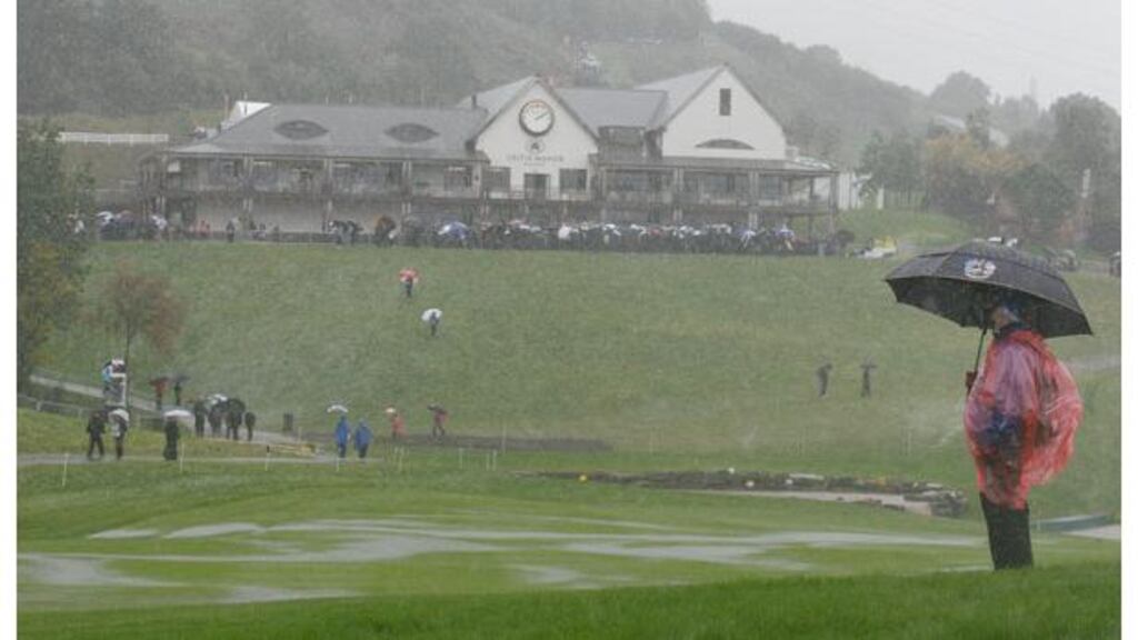 General view of the clubhouse as rain falls and play is suspended during the Morning Fourball Matches during the 2010 Ryder Cup at the Celtic Manor Resort on October 1st, 2010, in Newport, Wales. - (Photograph: Sam Greenwood/Getty Images)
