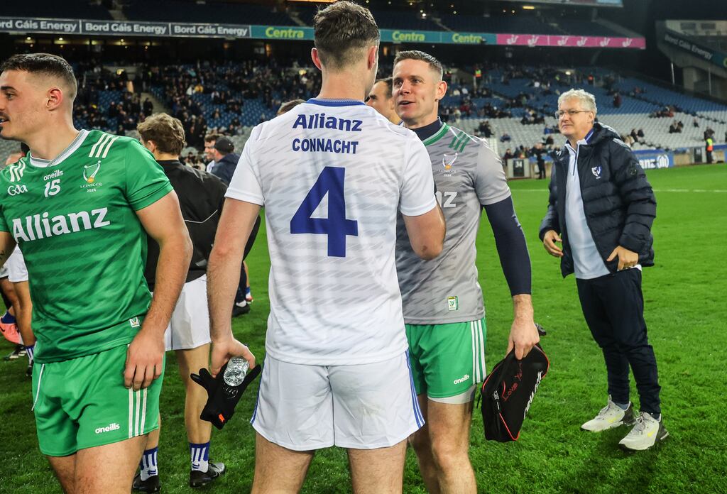 Connacht’s Sean Mulkerrin and Stephen Cluxton of Leinster after the first interprovincial semi-final under the new FRC rules at Croke Park. Photograph: James Crombie/Inpho