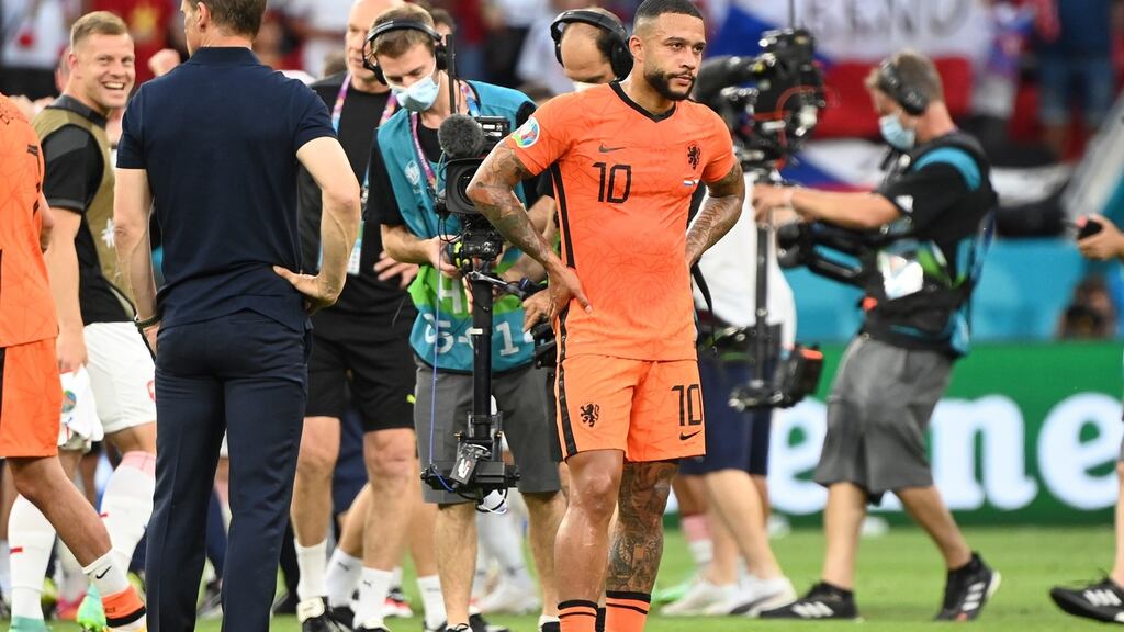 Memphis Depay looks dejected after Holland’s last-16 defeat to the Czech Republic. Photograph: Attila Kisebenedek/Getty