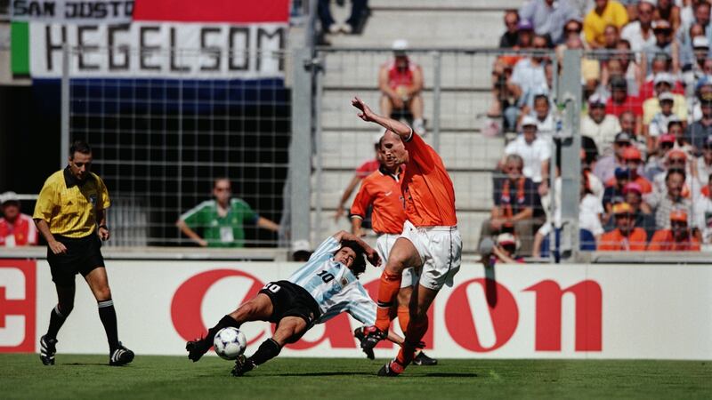 Ariel Ortega and Jaap Stam during Holland’s 2-1 win over Argentina. Ortega was set-off leaving both sides with 10 men. Photograph: Doug Pensinger/Getty