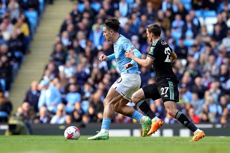 Jack Grealish of Manchester City (L) and Timothy Castagne of Leicester City (R) in action during the English Premier League soccer match between Manchester City and Leicester City. Photograph: Tim Keeton/EPA