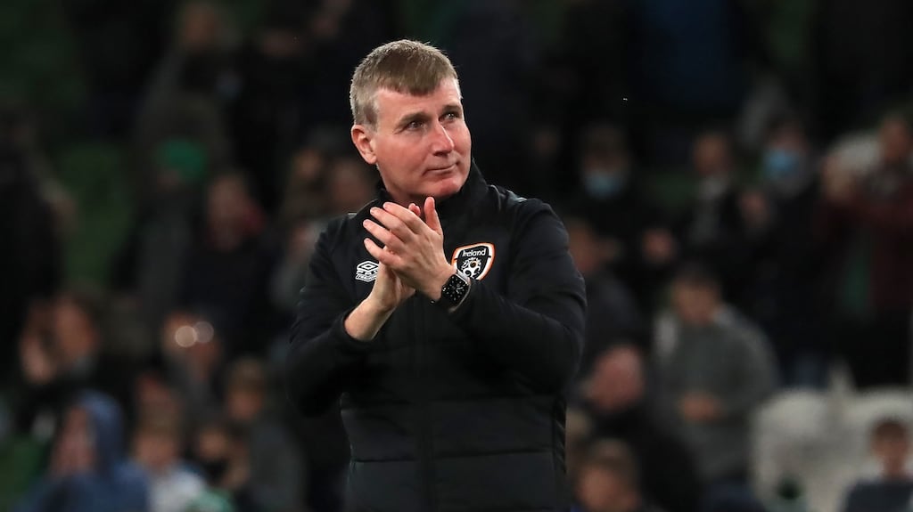 Republic of Ireland manager Stephen Kenny applauds the fans after the final whistle of the friendly international against Qatar at the Aviva stadium. Photograph: Donall Farmer/PA Wire