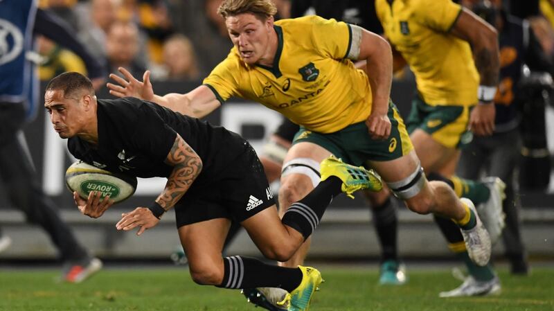 Aaron Smith snipes to score New Zealand’s first try just before half time in Sydney. Photograph: Dean Lewins/EPA