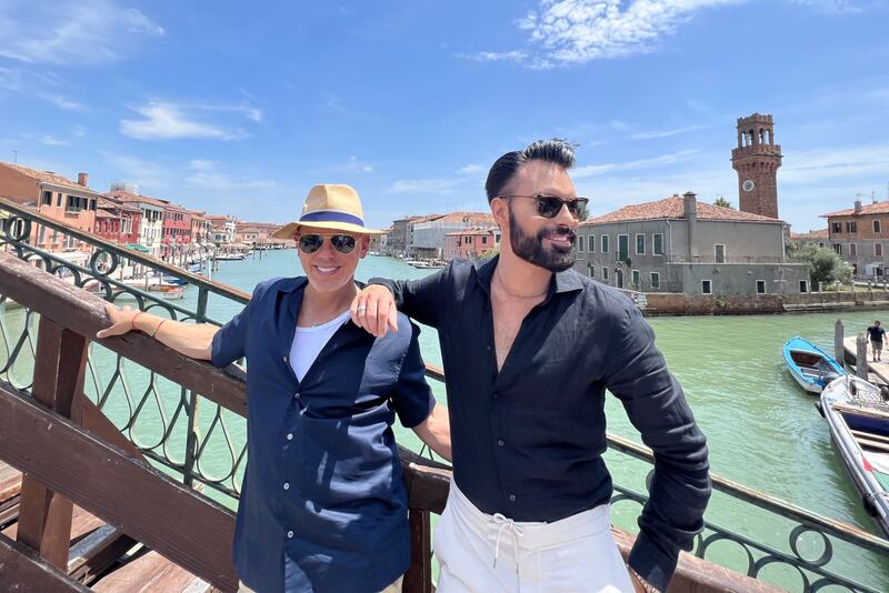 Rob Rinder and Rylan Clark on a bridge in Venice in Rob and Rylan’s Grand Tour on Sunday, BBC Two, at 9pm. Photograph: Lana Salah