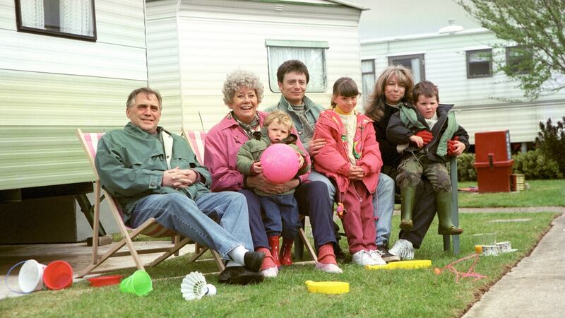 A 1995 photo of the stars of Coronation Street (L-R): Bill Tarmey, Liz Dawn, Daryl Edwards, Sean Wilson, Helen Worth, Lyndsay King and Thomas Ormson. Photograph: Dave Kendall/PA Wire