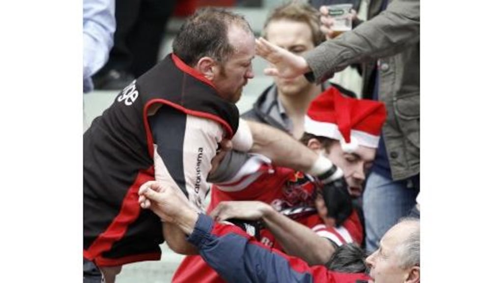 Trevor Brennan gets involved with visiting fans during the
European Cup match between Toulouseand Ulster at Stade Ernest
Wallon yesterday