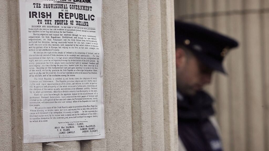 Helena Molony wanted to recreate Proclamation as accurately as possible. Above: a poster of the  Proclamation  during 2016’s Easter Rising commerorations. Photograph: Peter Macdiarmid/Getty
