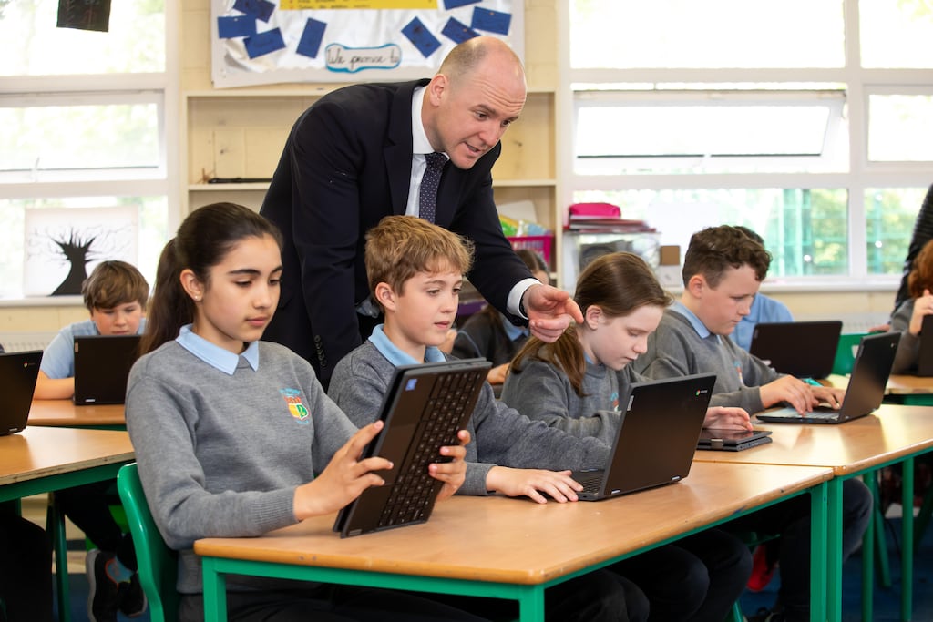 Bobby Kenny, principal of Scoil Mhuire, Rosslare, Co Wexford with fifth class pupils Kaishori Crosbie, Oliver Dyminski, Hollie Griffin and Jude Codd. Photograph: Mary Browne