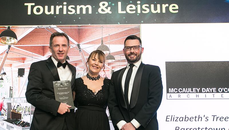 Adele Povey, Area Business Manager Ireland, Nora Flooring Systems presents the Fit-Out Project of the Year – Tourism & Leisure award to Dan Daye & Martin Spillane, McCauley Daye O'Connell Architects
