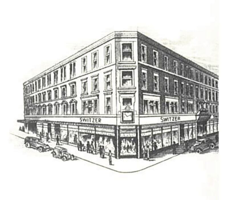 Switzers shop front. Illustration from Elegant Times (Sonas, 1995)