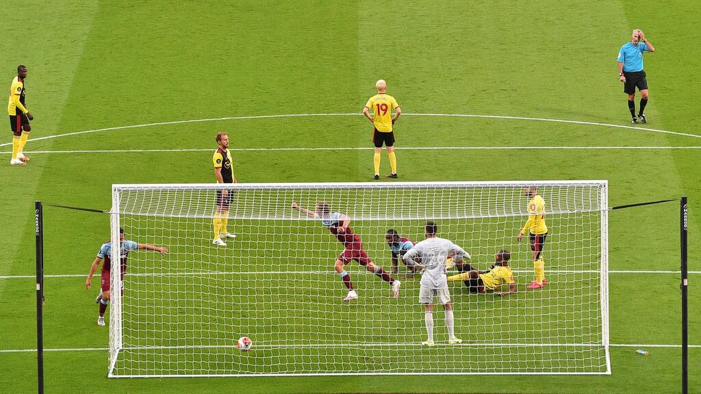 Tomas Soucek of West Ham United celebrates after scoring his team’s second goal during the Premier League win over Watford. Photo: Justin Setterfield/Getty Images