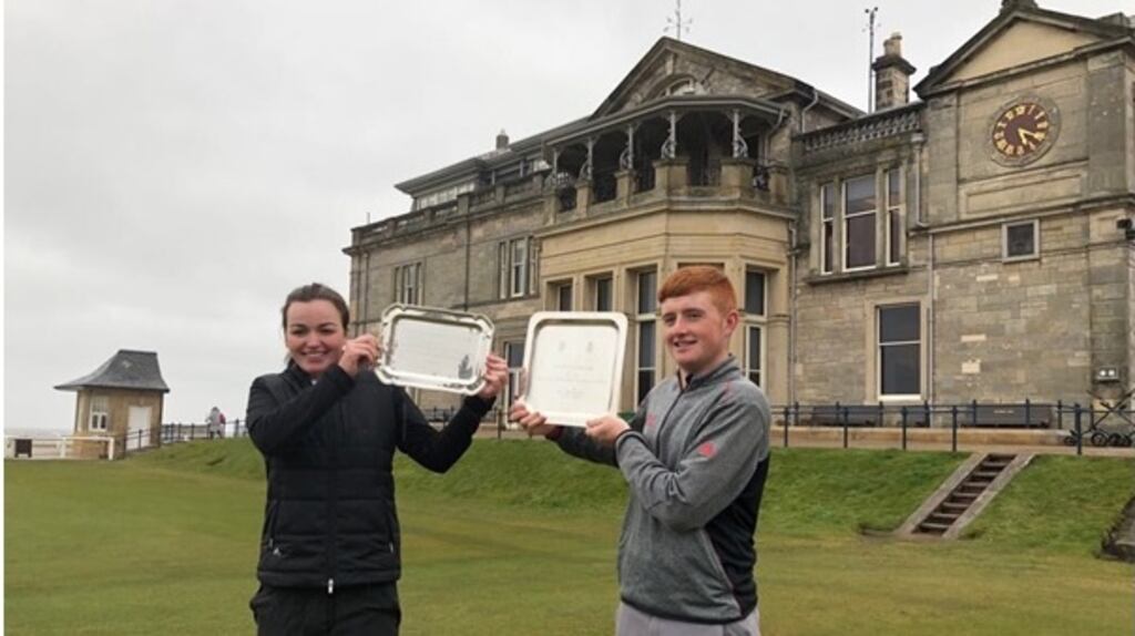 Winners of the R&A Foundation Scholars Tournament in St Andrews, Chloe Ryan and John Mullarney.