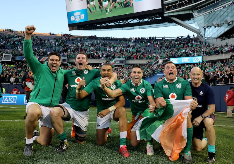 Ireland's Billy Holland, Donnacha Ryan, Simon Zebo, Conor Murray and CJ Stander celebrate winning. Photograph: Dan Sheridan/Inpho