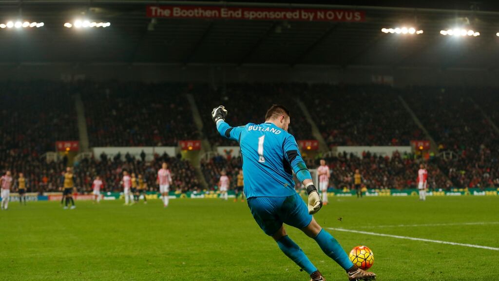Stoke’s Jack Butland in action during the 0-0 draw with Arsenal. Photograph: Lee Smith/Reuters