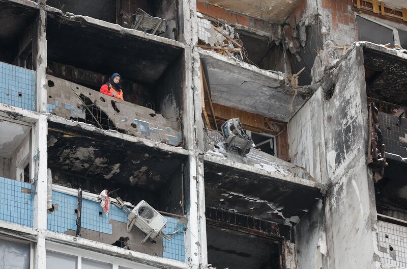 Damaged building after a Russian missile strike on Kyiv. Photograph: Sergey Dolzhenko/EPA