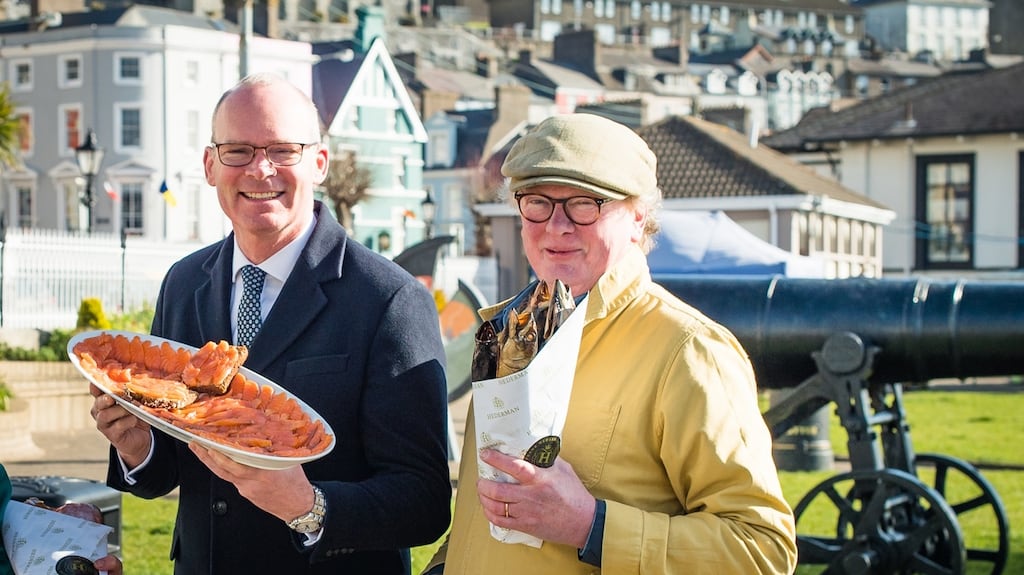 Minister for Foreign Affairs, Simon Coveney with Frank Hederman of Belvelly Smokehouse from Cobh, Co Cork, which is celebrating 40 years in business.