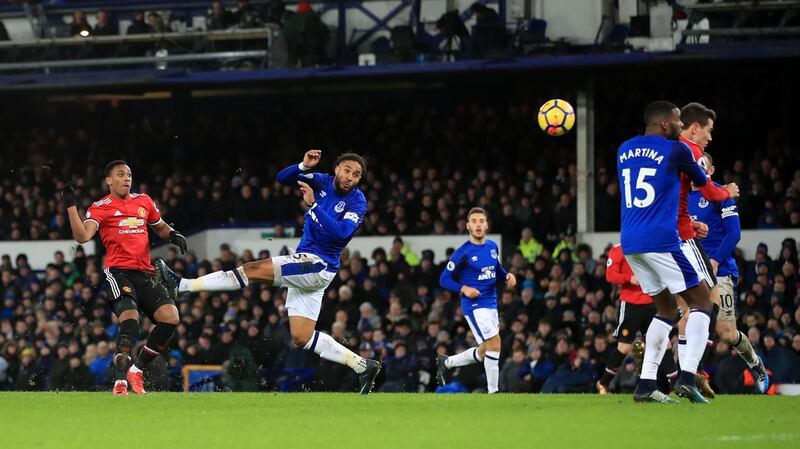 Anthony Martial breaks the deadlock for Manchester United at Goodison Park. Photograph: Peter Byrne/PA