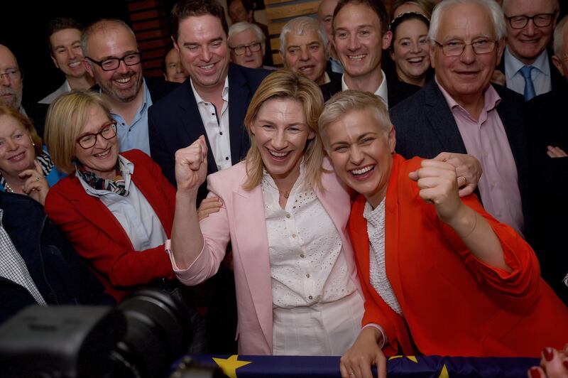 Maria Walsh, right, and Nina Carberry celebrate after being elected as MEPs. Photograph: Conor McKeown/PA Wire