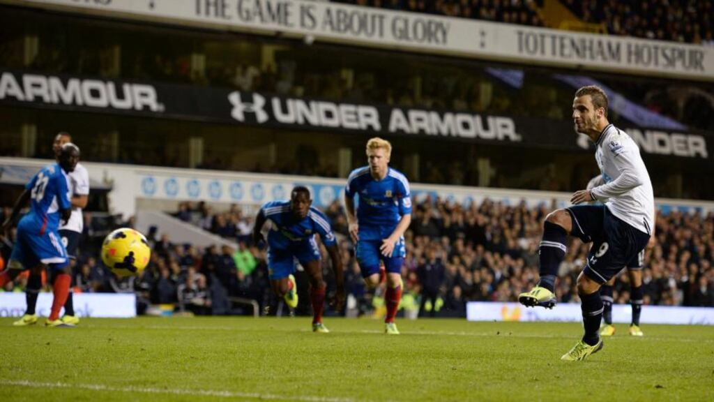 Tottenham Hotspur’s Roberto Soldado scores a penalty against Hull City during their Premier League match at White Hart Lane. Photograph: Dylan Martinez/Reuters