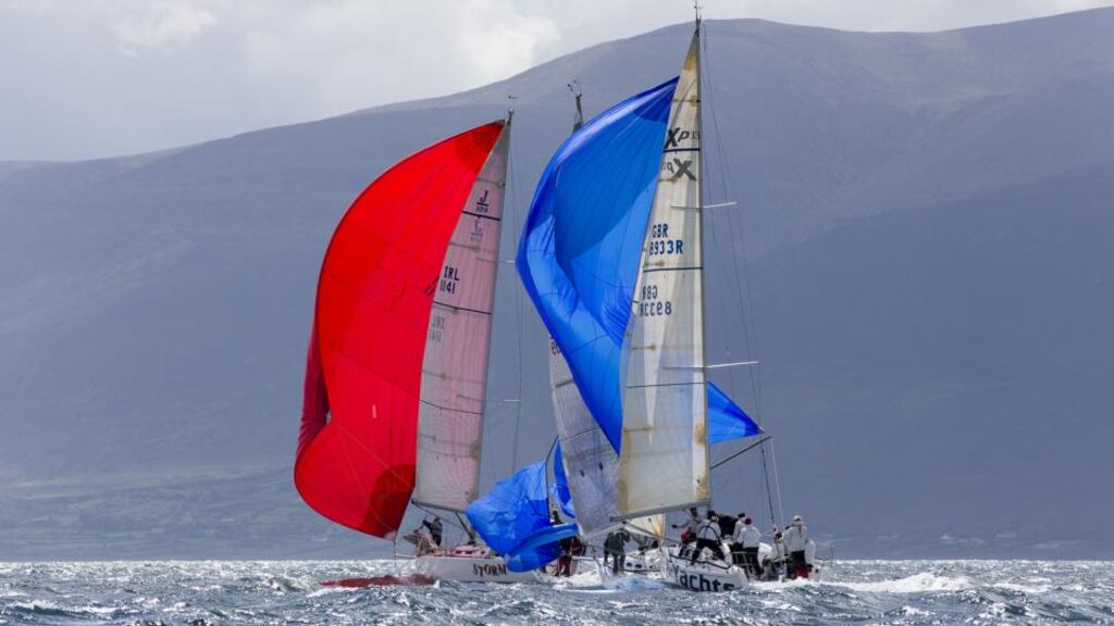 The spinnaker on Cork entry Jelly Baby (centre) splits in the breezy conditions in Tralee Bay on the opening day of the ICRA National Championships yesterday. Photograph: David Branigan/Oceansport