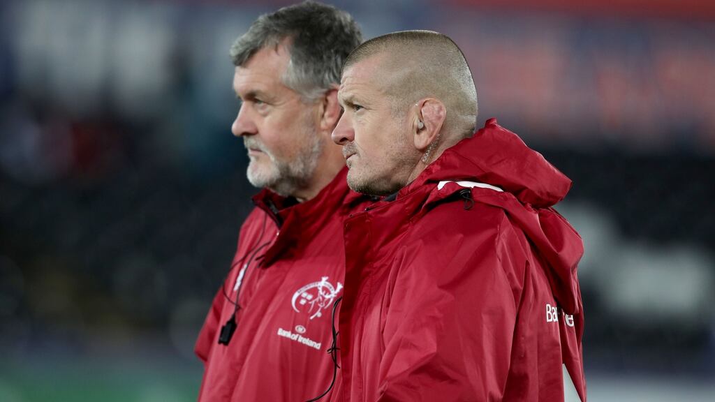 Niall O’Donovan, pictured here with Graham Rowntree, has been taking charge of Munster with the senior coaching staff in isolation. Photograph: Dan Sheridan/Inpho