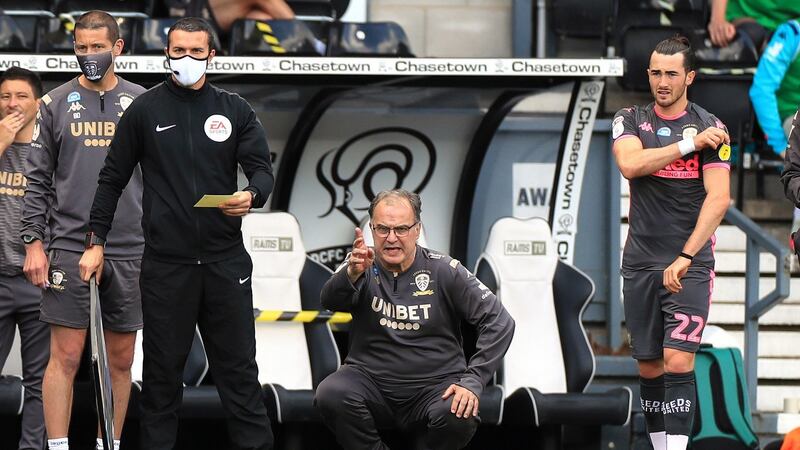 Leeds United manager Marcelo Bielsa watches his team win at Pride Park. Photograph: PA