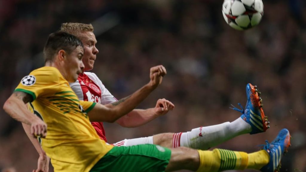 Ajax’s Kolbeinn Sigthorsson, rear, and Celtic’s Emilio Izaguirre vie for the ball during the Champions League Group H match at ArenA stadium in Amsterdam,. Photograph: Peter Dejong/AP Photo