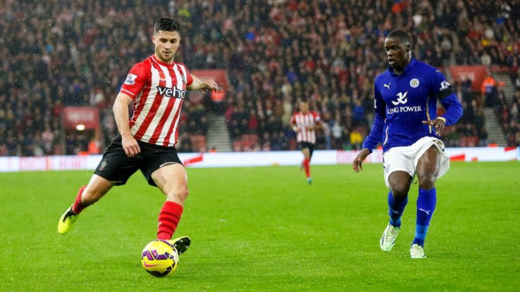 Leicester City’s Wes Morgan looks on as Southampton goalscorer Shane Long gets ready to pull the trigger at St. Mary’s during his side’s 2-0 victory.