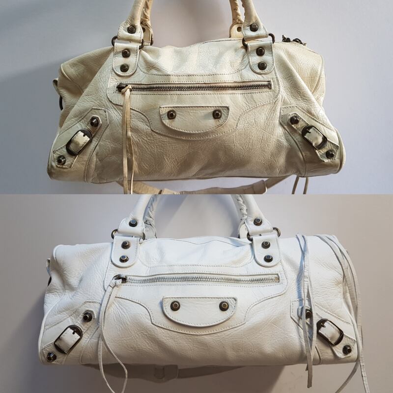 A Balenciaga bag cleaned and redyed white by Handbag Therapy