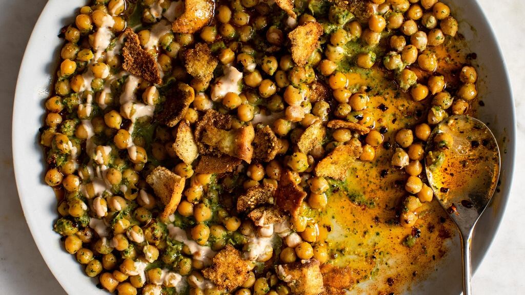 Chickpea and herb fatteh. Photograph: Andrew Scrivani/The New York Times