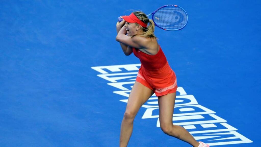 Maria Sharapova of Russia in action against Zarina Diyas of Kazakhstan in their third round match at the Australian Open Grand Slam tennis tournament in Melbourne. Photograph: Barbara Walton/EPA