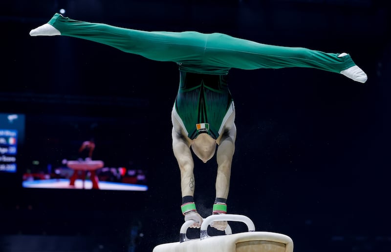 Ireland’s Rhys McClenaghan on the pommel horse at the World Gymnastics Championships in Liverpool. Photograph: Roger Evans/Inpho