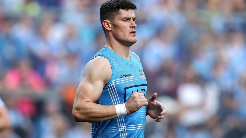 Dublin’s Diarmuid Connolly warms up before the game. Photograph: Ryan Byrne/Inpho