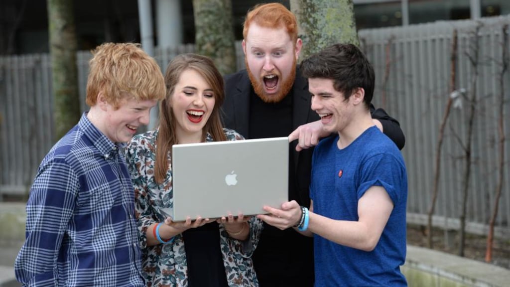 Singer songwriter Gavin James, (2nd from right) with students from left; Liam Neeson, Colaiste Oiriall, Monaghan, Lia Grogan, Presentation Thurles and Jason Moore, St. Kevins CC, Clondalkin, Dublin at the launch of Safer Internet Day 2014 in Dublin. Photograph; Dara Mac Dónaill / The Irish Times