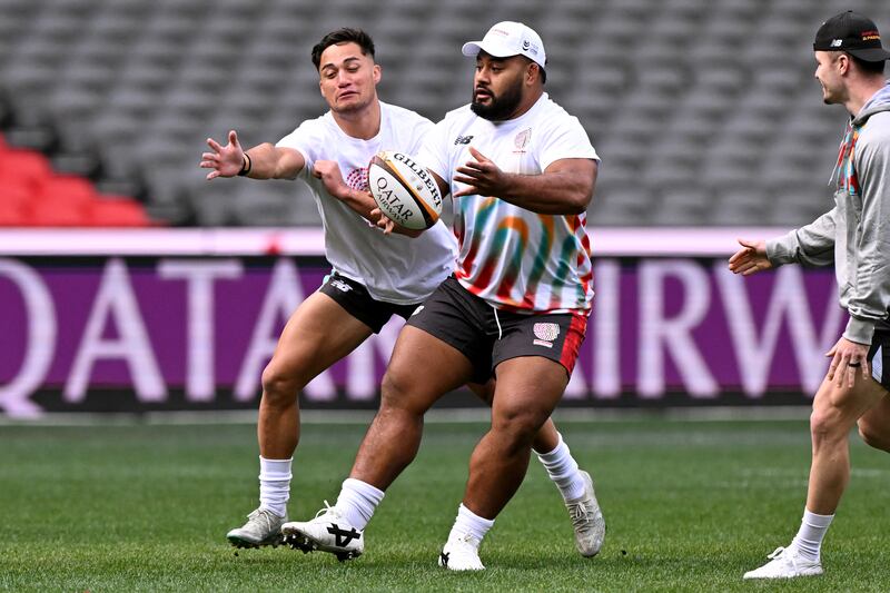 Taniela Tupou (centre) is tackled by Kalani Thomas during a training session on Monday for the First Nations and Pasifika XV before their game against the Lions. Photograph: William West/AFP via Getty Images