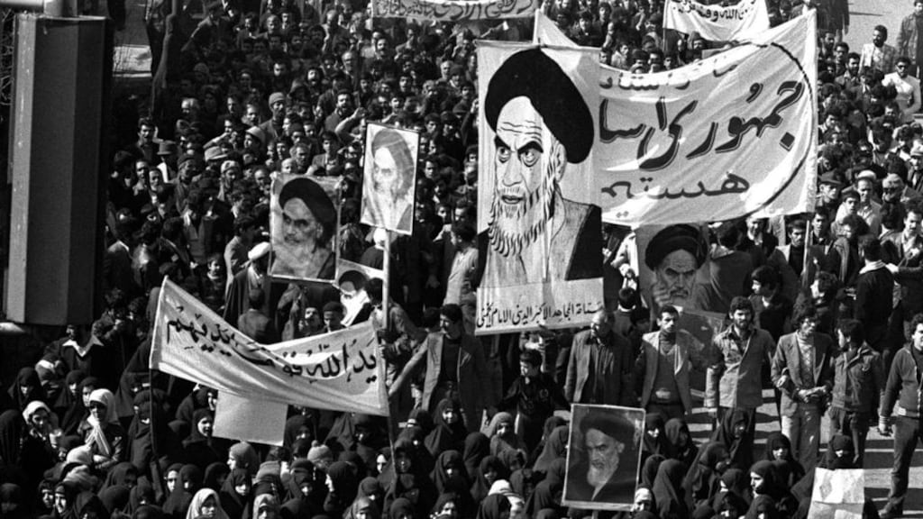 “Air of progress”? Followers of Ayatollah Khomeini march in Tehran during the 1979 revolution in Iran. Photograph: Saris/AP